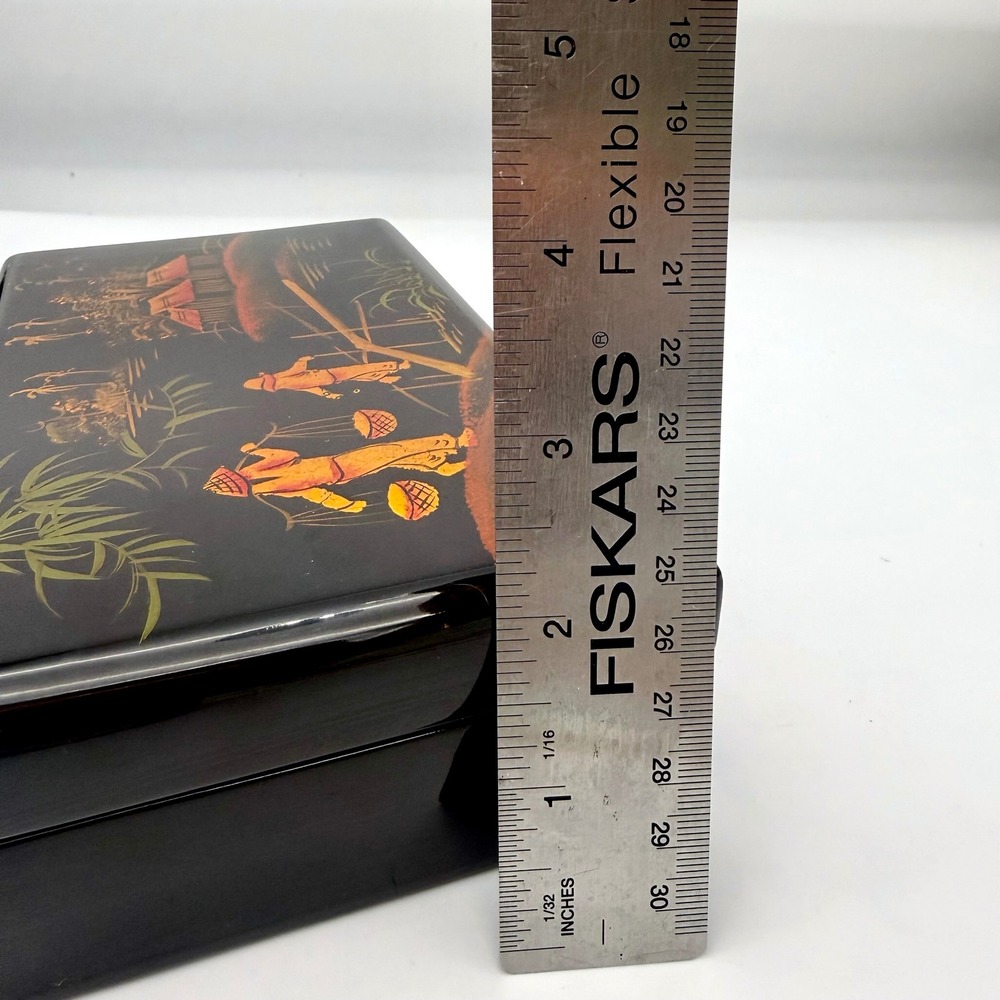 Vintage Asian Black Lacquer Jewelry Box Hand Painted Red Velvet Mirror 7.5" - Picture 12 of 13